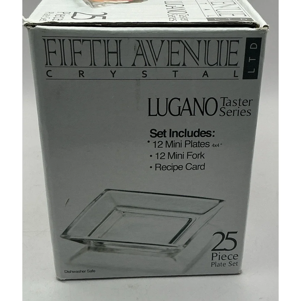 Fifth Avenue Crystal Lugano Taster Series 25 pc Set Square Glass Plates Forks